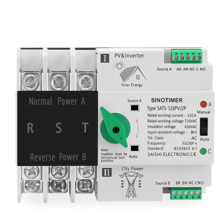 Comutator de transfer, PV, 3P cu șină DIN, SINOTIMER, comutatoare de selecție automată de transfer cu dublă alimentare, 125A